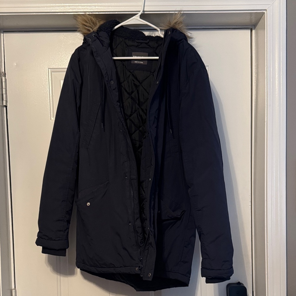 Primark Men's Navy Puffer Jacket with Fur Trim